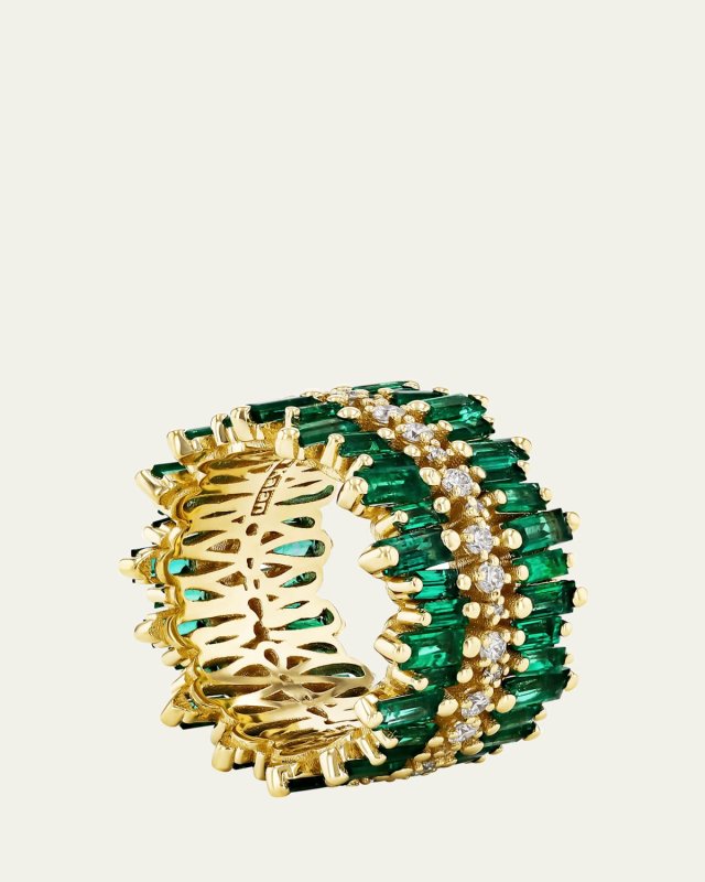 18K Yellow Gold Triple-Row Diamond and Emerald Eternity Band Ring